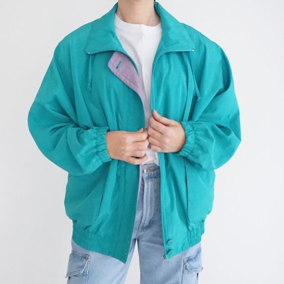 Vintage 80S Cyclone Neon Teal w Purple Trim Zip Up Lightweight Bomber Jacket M - Picture 2 of 10